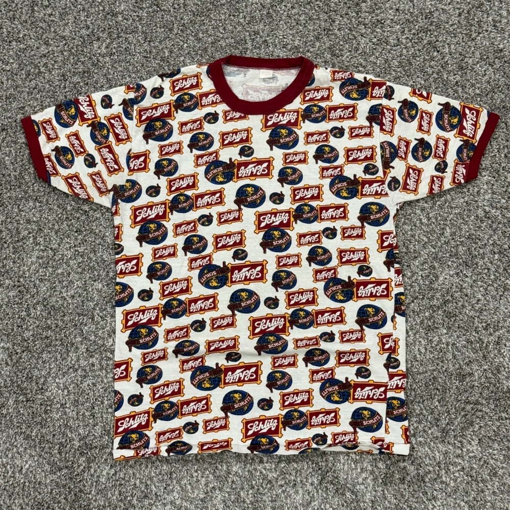 VINTAGE 70s Schlitz Beer AOP Promo Ringer T-Shirt Mens L All Over Print Tee